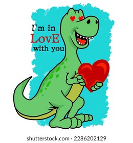 Cute Dino in Love Cartoon Illustration 