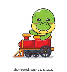 cute dino mascot cartoon character ride on train