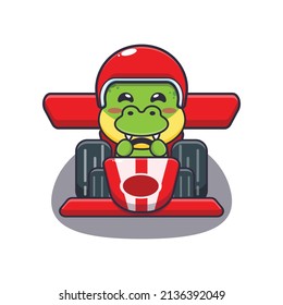 cute dino mascot cartoon character riding race car