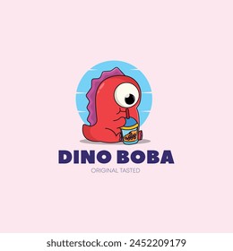 cute dino mascot logo drinking boba vector  illustration dino cartoon character animal icon concept  flat cartoon style illustration