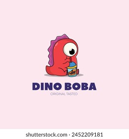 cute dino mascot logo drinking boba vector  illustration dino cartoon character animal icon concept  flat cartoon style illustration