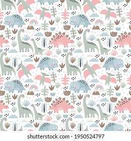 Cute Dino Mom And Baby. Cartoon Illustration Dinosaur Family. Vector Seamless Pattern With Cute Dino In Scandinavian Style