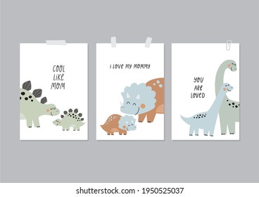 Cute dino Mom and Baby. Cartoon illustration dinosaur family. Vector print with cute dino in scandinavian style. Mother day cards