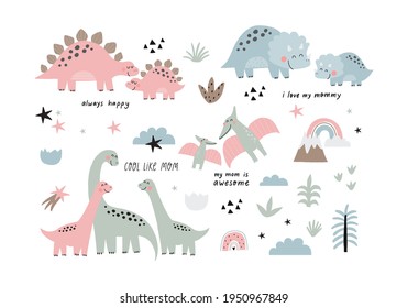 Cute dino Mom and Baby. Cartoon illustration dinosaur family. Vector print with cute dino in scandinavian style. Mother day cards