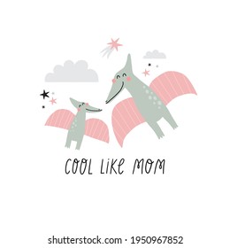 Cute dino Mom and Baby. Cartoon illustration dinosaur family. Vector print with cute dino in scandinavian style. Mother day cards