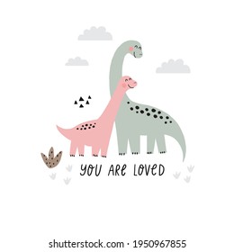 Cute dino Mom and Baby. Cartoon illustration dinosaur family. Vector print with cute dino in scandinavian style. Mother day cards