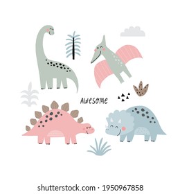 Cute dino Mom and Baby. Cartoon illustration dinosaur family. Vector print with cute dino in scandinavian style. Mother day cards