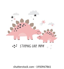 Cute dino Mom and Baby. Cartoon illustration dinosaur family. Vector print with cute dino in scandinavian style. Mother day cards