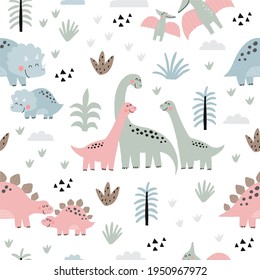 Cute Dino Mom And Baby. Cartoon Illustration Dinosaur Family. Vector Seamless Pattern With Cute Dino In Scandinavian Style