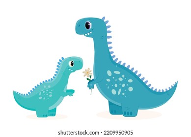 Cute dino mom and baby. Mother gives flower to her son or daughter. Gift, surprise and present. Care and love. Fictional character for children, blue lizard BC. Cartoon flat vector illustration