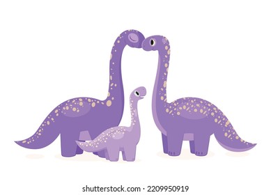 Cute dino mom and baby. Violet animals BC. Sticker for social networks and messengers. Fairy tale, imagination and fantasy, adorable family of fictional characters. Cartoon flat vector illustration
