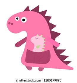 Cute dino mum with with a little dinosaur. Dino pink girl, mum and her baby, flat hand drawn vector character. Cute pink dinosaur. Isolated cartoon illustration for kid game, book, t-shirt, textile