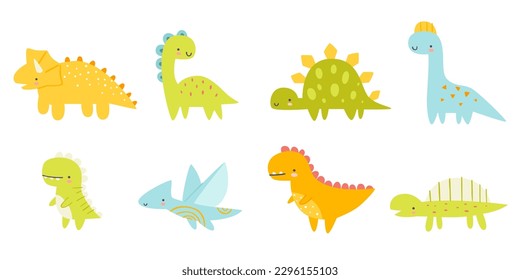 Cute dino naive set. Abstract dinosaurs collection for baby boys. Stylized vector dino bundle.