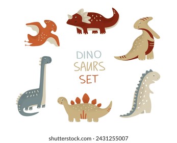 Cute dino naive set. Abstract dinosaurs collection in boho shades for kids. Stylized vector dino bundle. Vector illustration