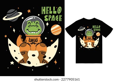 Cute dino on the moon illustration with tshirt design premium vector the Concept of Isolated Technology. Flat Cartoon Style Suitable for Landing Web Pages,T shirt, Flyers, Stickers