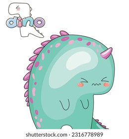 cute dino on pink and green colors. Vector illustration, doodle, spots and lines.