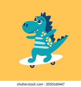 Cute dino on a skate, vector illustration.