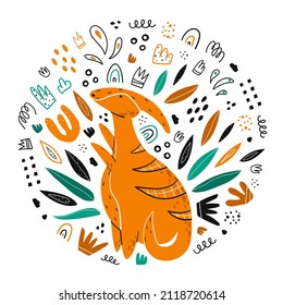 Cute dino. Parasaurolophus, dinosaur, hand drawn character in cartoon style. Doodle, flat, abstract, scandinavian style. Isolated illustration for children's clothing, books, postcards, design. Vector