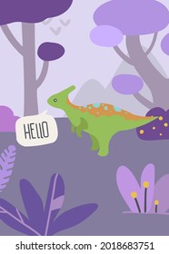 Cute dino parasaurolophus, say hello in fantasy jungle.