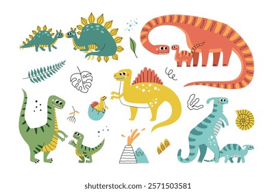 Cute dino parents with children. Cartoon dragon babies and moms, tropical reptiles, dinosaurs characters, kids with mothers, vector set