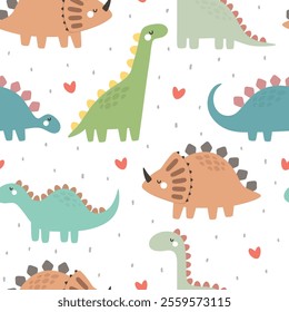 Cute dino pattern for kids, seamless vector background 