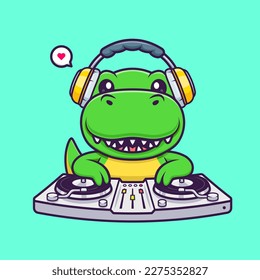 Cute Dino Playing Dj Electronic Music With Headphone Cartoon Vector Icon Illustration. Animal Music Icon Concept Isolated Premium Vector. Flat Cartoon Style