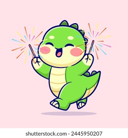 Cute Dino Playing Fireworks Cartoon Vector Icon Illustration. Animal Holiday Icon Concept Isolated Premium Vector. Flat Cartoon Style