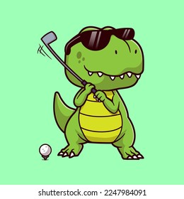 Cute Dino Playing Golf Cartoon Vector Icon Illustration. Animal Sport Icon Concept Isolated Premium Vector. Flat Cartoon Style