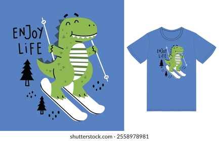 Cute dino playing ice ski illustration with tshirt design premium vector the Concept of Isolated Technology. Flat Cartoon Style Suitable for Landing Web Pages,T shirt, Flyers, Stickers