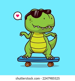 Cute Dino Playing Skateboard Cartoon Vector Icon Illustration. Animal Sport Icon Concept Isolated Premium Vector. Flat Cartoon Style