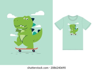 Cute dino playing skateboard illustration with tshirt design premium vector the Concept of Isolated Technology. Flat Cartoon Style Suitable for Landing Web Pages, Banners, Flyers, Stickers, Cards