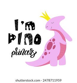 Lindo personaje de princesa Dino en la corona. Divertido doodle niña-dinosaurio, adorable dibujo animado animal gráfico, elegante niño Vector de impresión . Diseño femenino moderno con letras dibujadas a mano Soy princesa dino. 