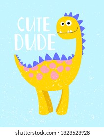 Cute dino print for kids t-shirt with lettering, vector illustration