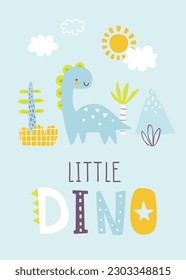 Cute dino print with text. Blue poster with abstract little dinosaur and plants. Scandinavian print with baby dino and lettering.