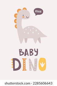 Impresión de dino con texto. Afiche con abstracto dinosaurio y letras. Impresión escandinava con dino de bebé.