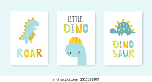 Cute dino prints set with text. Posters with abstract little dinosaurs and lettering. Scandinavian prints for baby boys.