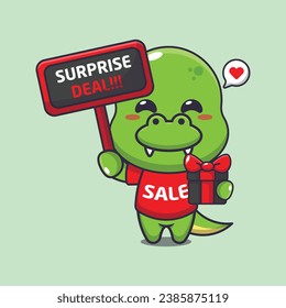 cute dino with promotion sign and gift box in black friday sale cartoon vector illustration
