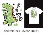 Cute dino rawr illustration with tshirt design premium vector the Concept of Isolated Technology. Flat Cartoon Style Suitable for Landing Web Pages, Banners, Flyers, Stickers, Cards