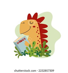 Cute dino is reading. Funny dinosaur likes book. Happy animal is reader. Cartoon character, hand drawn vector illustration for kids, isolated. Flat design. Idea for print on baby clothes, cards, etc.
