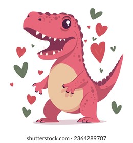 Cute Dino. Cute Rex, Dinosaur Valentine's Day, Flat Vector Illustration 