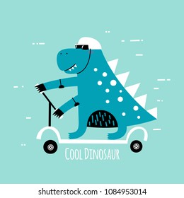 Cute dino rides a scooter. Can be used for baby t-shirt print, fashion print design, kids wear, baby shower celebration greeting and invitation card.