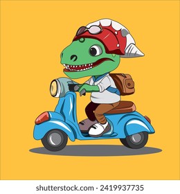 cute dino riding a blue vespa