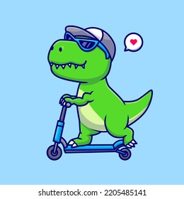 Ilustración del icono del vector de dibujos animados Cute Dino Riding Scooter. Icono de transporte animal Concepto Vector Premium aislado. Estilo de dibujo plano