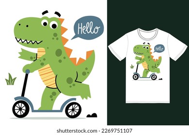 Cute dino riding scooter illustration with tshirt design premium vector the Concept of Isolated Technology. Flat Cartoon Style Suitable for Landing Web Pages,T shirt, Flyers, Stickers