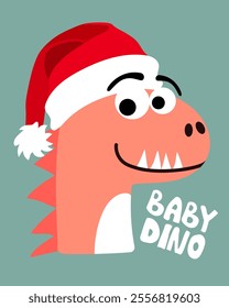 Cute dino santa hat children doodle print, vector illustration. Good for T-shirt print, poster, card.