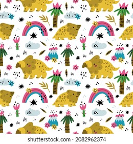 Patrón de dino fino. Pequeños y divertidos avaceratops con palmas y volcanes, decoración de niñera para bebés, graciosos dinosaurios coloridos sobre fondo blanco. Decoración textil, vector