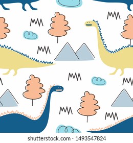 Cute Dino Seamless Pattern For Baby And Kids Vector Illustration Scandinavian Drawing Style