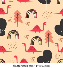 Cute dino seamless pattern for baby and kids vector illustration funny drawing scandinavian hand drawn background ready for children fashion textile print