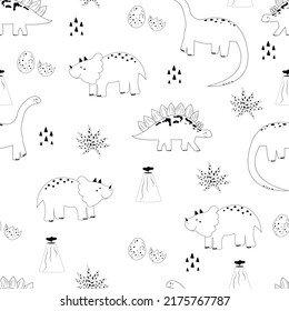 Cute dino seamless pattern. Baby vector background. Black and white dinosaurs. Kids print coloring book. Funny nursery design.