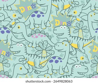 Cute Dino Seamless Pattern – Cartoon Dinosaurs with Trees and Fun Typography